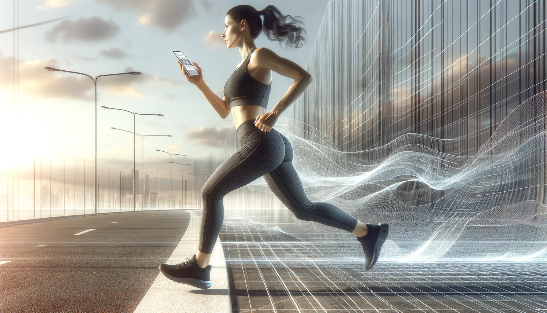 a woman running while using her mobile phone.