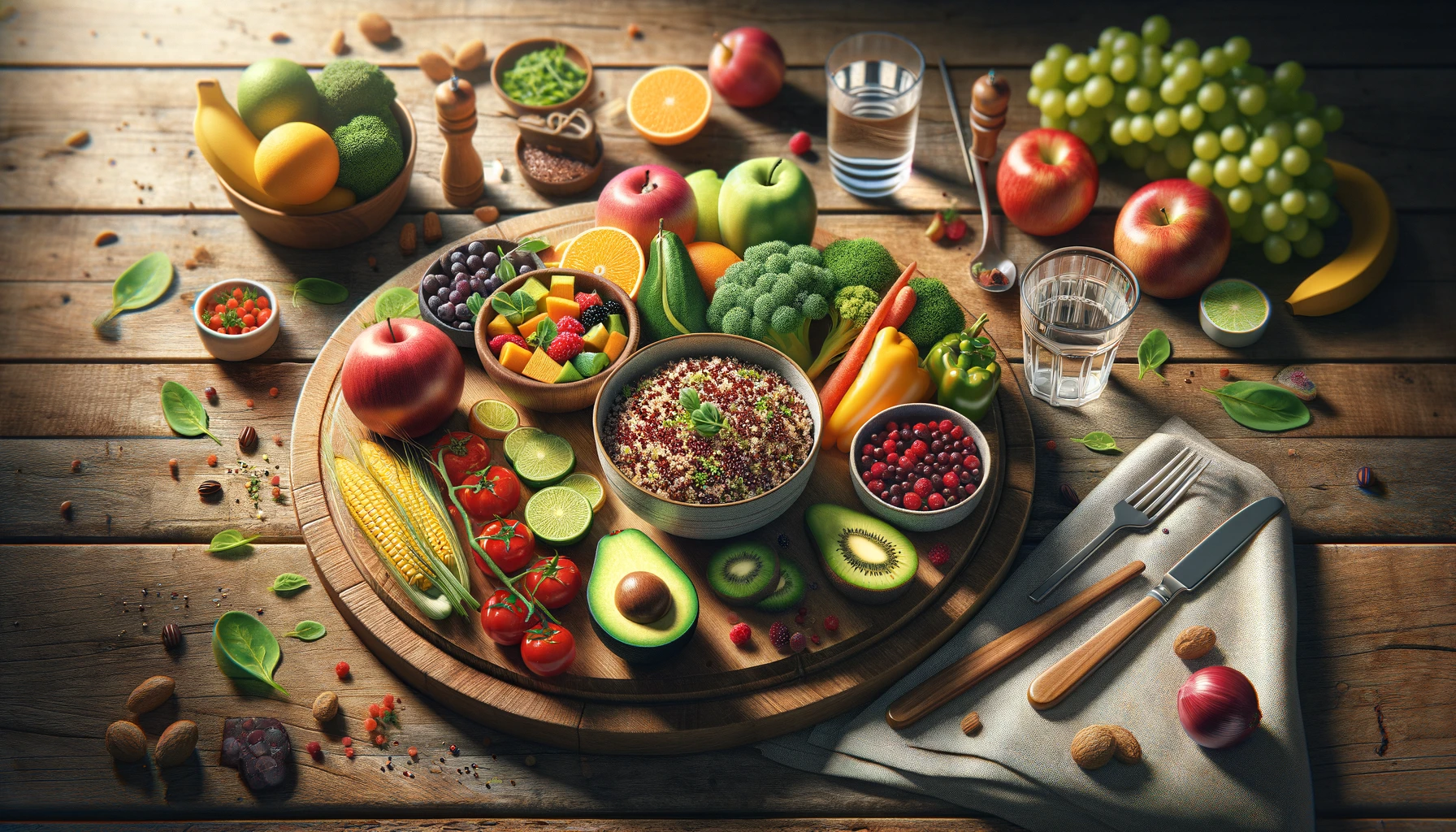 a vibrant and colorful healthy meal on a wooden table, showcasing a variety of fresh fruits and vegetables.