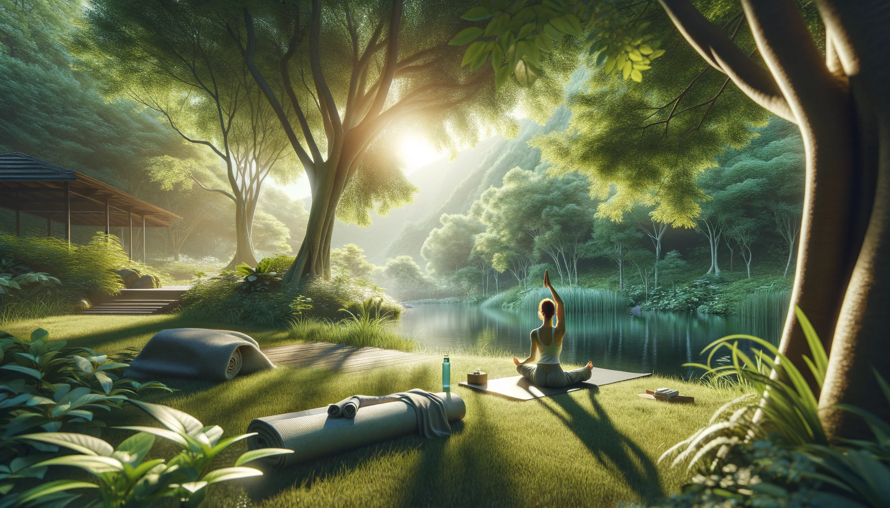 a woman practicing yoga in a serene outdoor setting, surrounded by nature. 