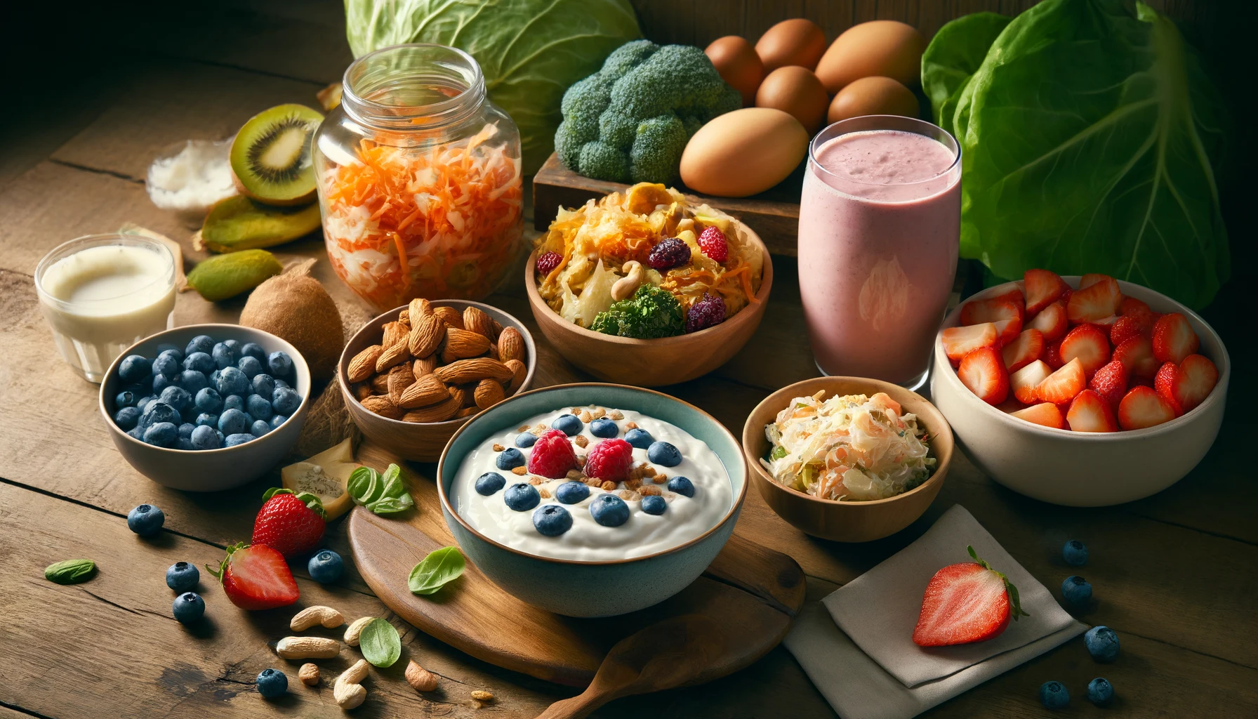  a variety of gut-healthy foods on a wooden table: a bowl of yogurt topped with berries and nuts, a plate of mixed fermented vegetables like sauerkraut and kimchi, and a smoothie made with fresh fruits and leafy greens. 