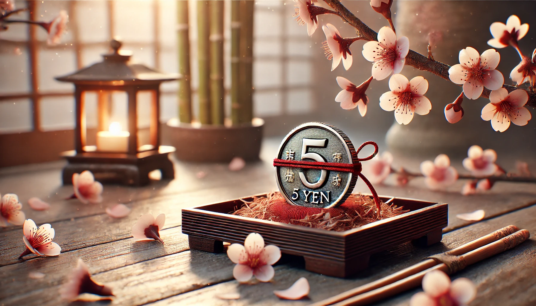 A Japanese 5 yen coin with a red ribbon used as a talisman is set in a peaceful wide composition.