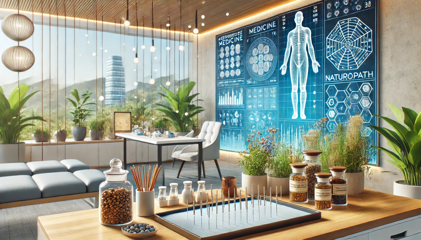 a modern wellness studio displaying elements of Traditional Chinese Medicine (TCM) and naturopathy. 