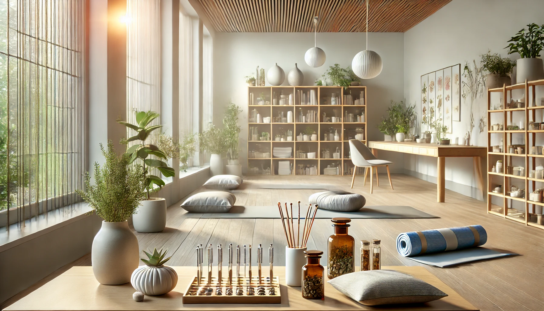 a calm wellness studio blending multiple alternative medicine practices. The scene includes acupuncture tools, yoga mats, herbal medicine jars, and mindfulness meditation cushions in a bright, peaceful environment with natural lighting and modern holistic decor.