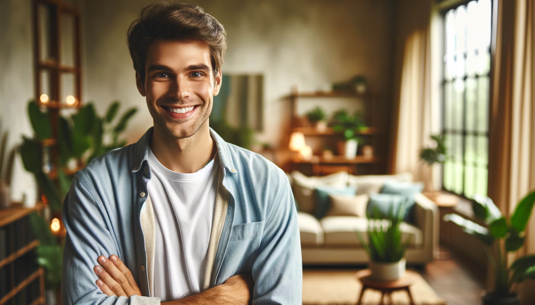 A smiling man in a home setting. The scene is indoors with a cozy and well-lit background, featuring elements like a comfortable couch, houseplants, and a window with natural light streaming in.