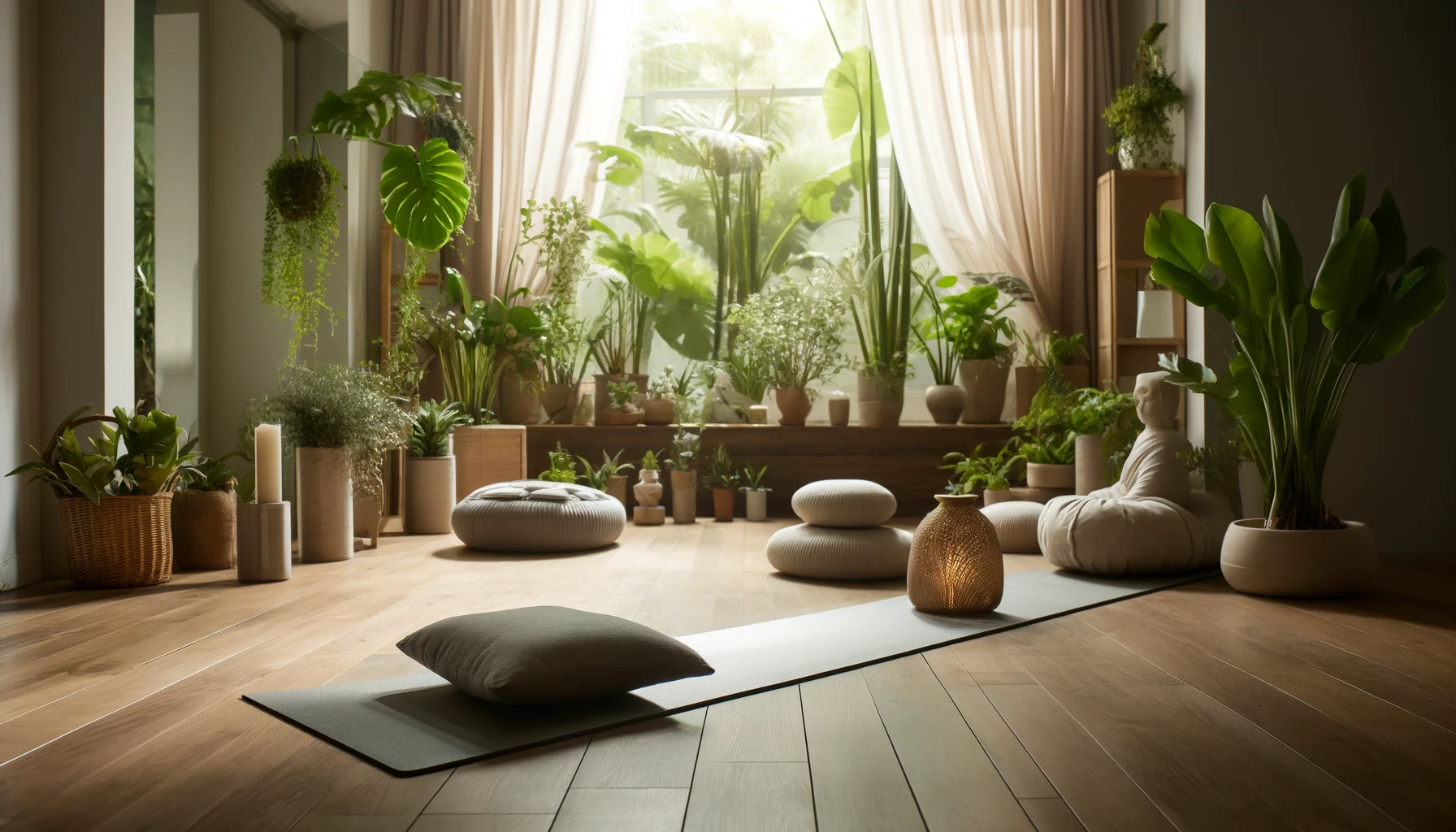  A wellness space featuring yoga mats, meditation cushions, and a backdrop of lush indoor plants. 