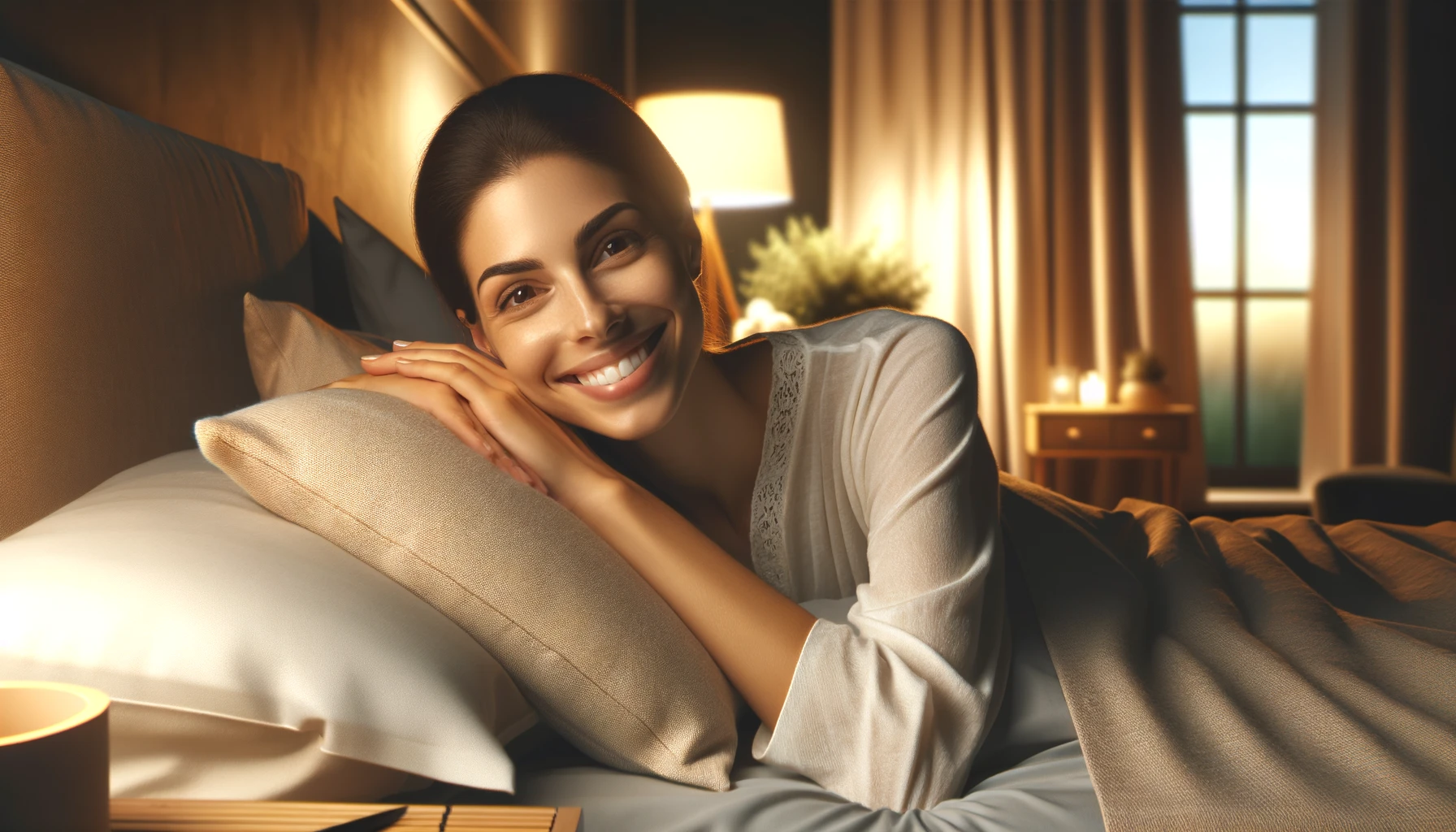 A smiling woman lying on a bed in the evening. She is relaxed and comfortable, with soft pillows and a cozy blanket.