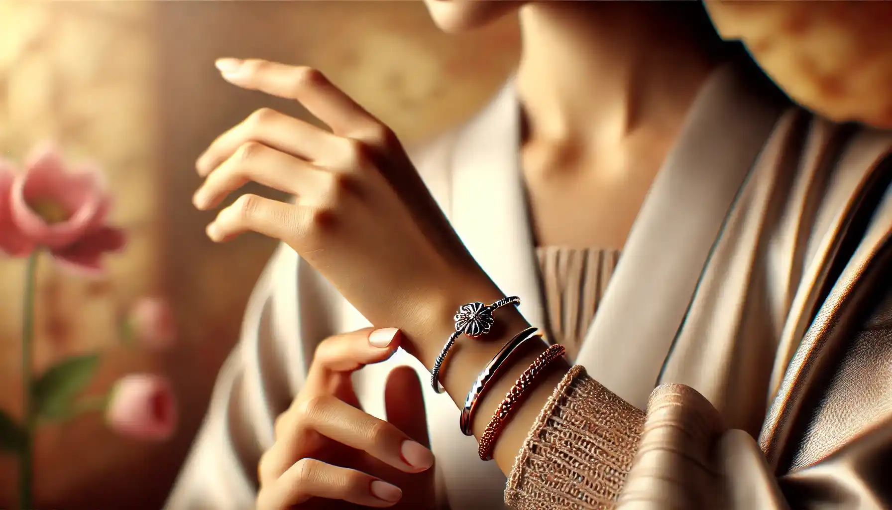 A woman is showing her wrist adorned with silver and copper bracelets with healing properties.