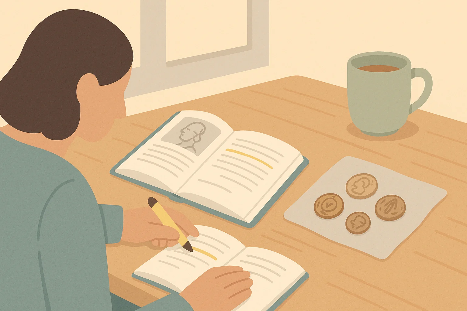 A collector studies coin history with a studybook and notes.