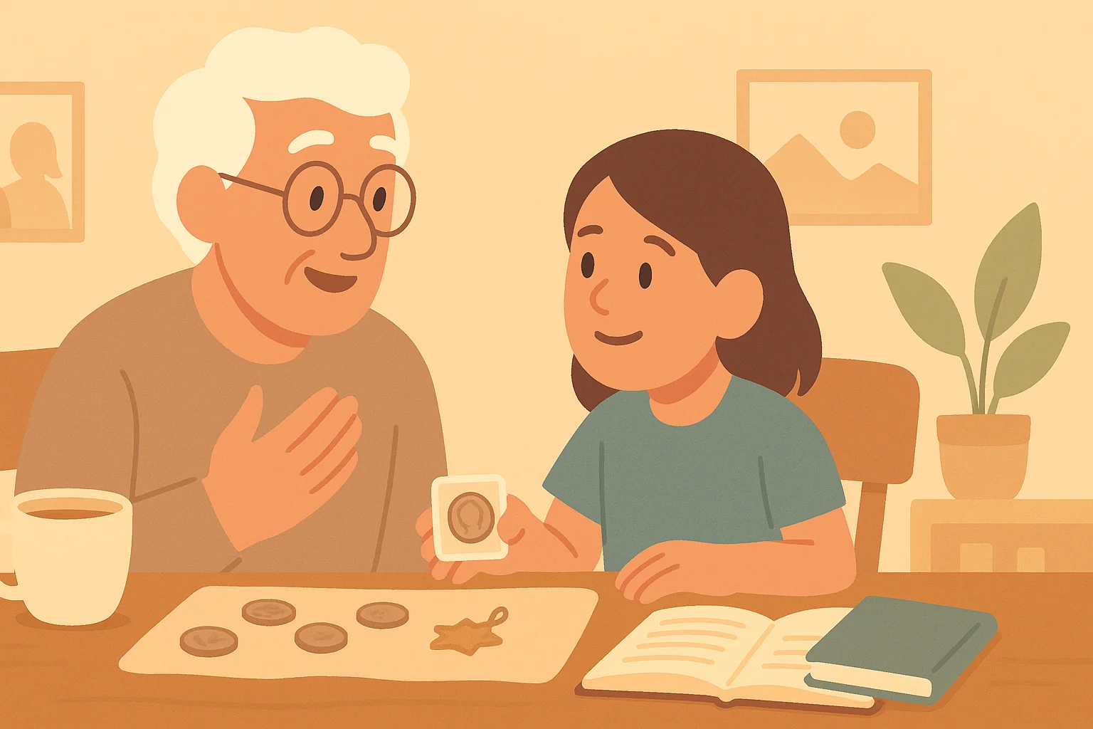 A granddad shows coins to a granddaughter and tells stories.