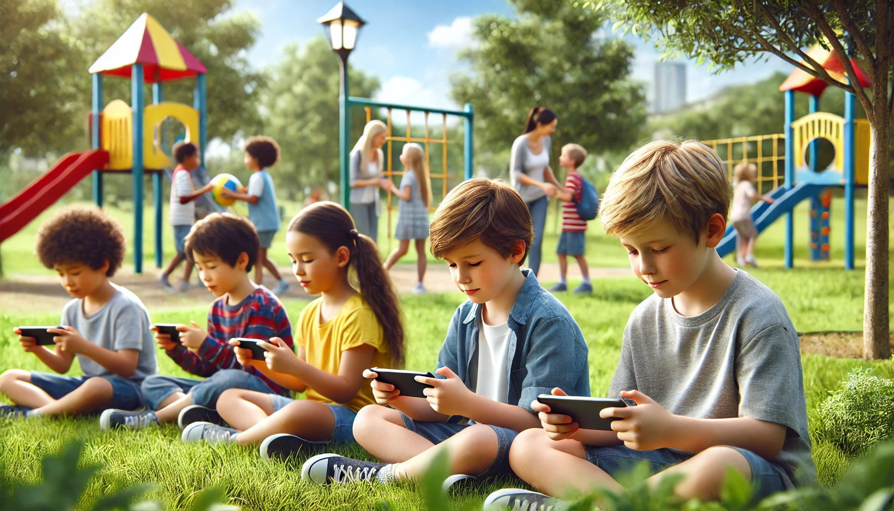 A group of children sits together on the grass in a park, intently playing games on their smartphones, with trees and playground equipment in the background.