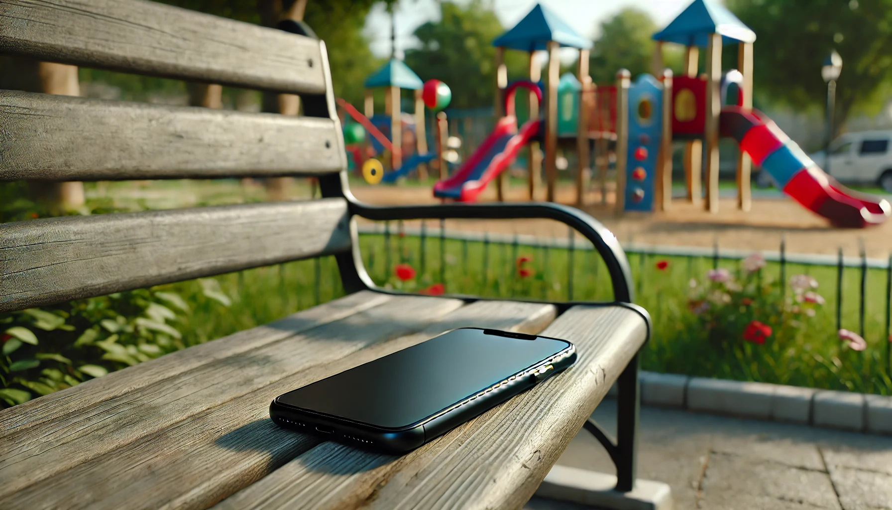 A smartphone lies flat on a wooden bench in a park, with colorful playground equipment visible in the background.